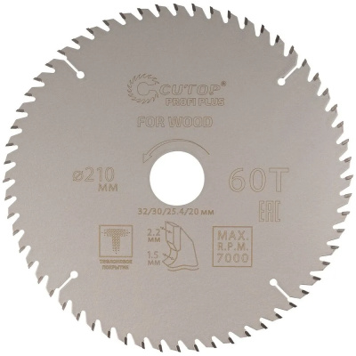 Диск пильный по дереву с тефлоновым покрытием 60Т, CUTOP Profi plus, 210 х 1,5/2,2 х 32/30/25,4/20 м