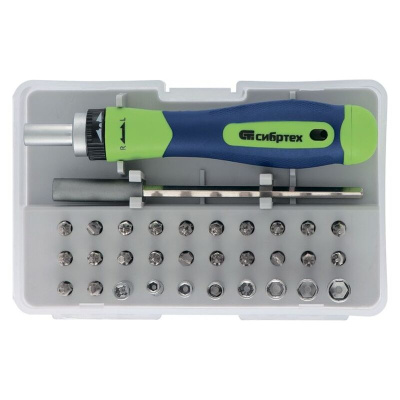 Отвертка Сибртех реверсивная для точных работ с набором бит и торцевых головок, 32 предм. CrV