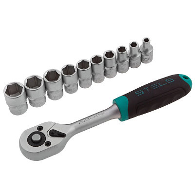 Набор торцевых головок, 3/8", головки 7 - 22 мм, с трещот. ключом, CrV,11 предметов// Stels