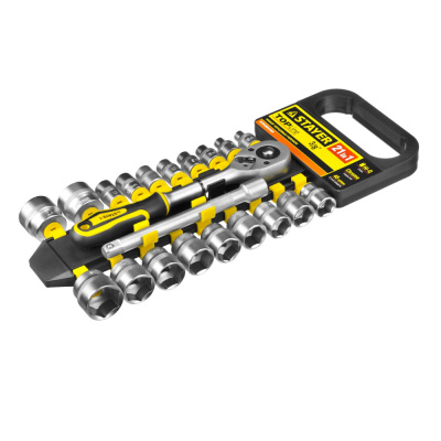 Набор STAYER "STANDARD": Торцовые головки (3/8") на пластиковом рельсе, трещотка, удлинитель, 6-24мм