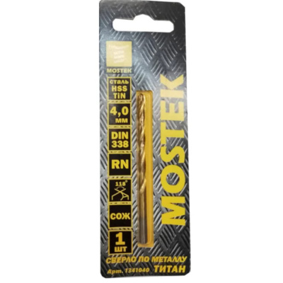 Сверло по металлу MosTek  4,0 мм HSS-TiN (титан - нитридное покрытие) DIN 338 RN (1 шт в блистере) (