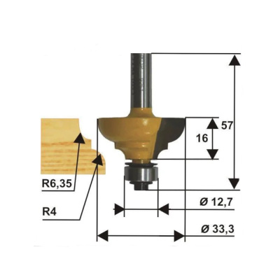 Фреза кром калевочная ф33,3х16мм R6,4мм хв 8мм
