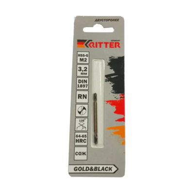 Сверло Ritter EС по металлудвухстороннее 3,2мм (HSS-G M2 Gold&Black) DIN1897RN(1шт в блист.)