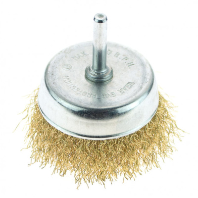 Корщетка-насадка для дрели чашеобразная мягк.50мм,хвост 6мм,латун.волн.проволок.Sturm!