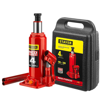 Домкрат STAYER  RED FORCE, в кейсе, 4 т, 195 - 380 мм, бутылочный гидравлическийProfessional (4316