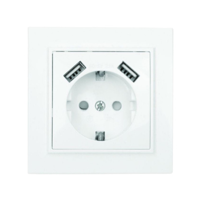 Розетка 1-местная СП с заземлением 16А белая с защитными шторками с 2 USB 2,1А Минск