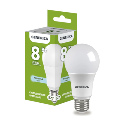 Лампа светодиодная A60 груша 8Вт 230В 6500К E27 GENERICA