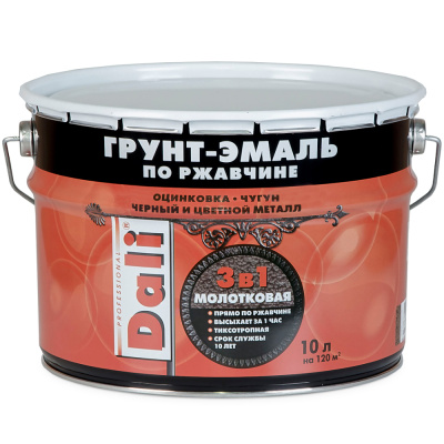 ГРУНТ- ЭМАЛЬ ПО РЖАВЧИНЕ "DALI" 3 В 1 МОЛОТКОВАЯ ЧЕРНАЯ  10 Л (3) "РОГНЕДА"