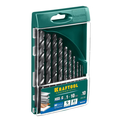 Набор сверл по металлу 10 шт (d=1-10 мм), HSS-G, сталь М2(S6-5-2), класс A, KRAFTOOL 29651-H10, DIN