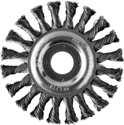 Щетка дисковая для УШМ, плетеные пучки стальной проволоки 0,5мм, 125х22мм ЗУБР "ПРОФЕССИОНАЛ". 