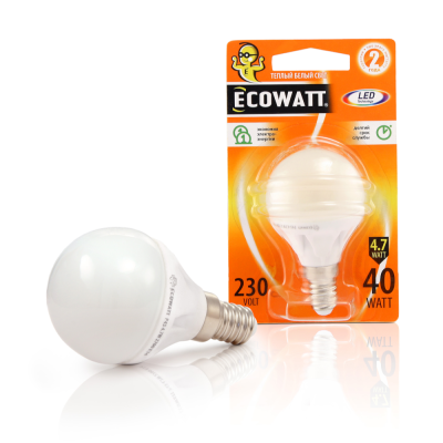 Лампа светодиод.ECOWATT Р45 230В 4.7(40) W 2700К Е14 (миньон) теплый белый свет,шарик
