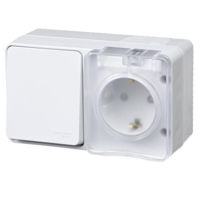 Розетка с  заземлением со шторками 16А 250B, выключатель одноклавишный IP5 AtlasDesign Profi54 БЛОК