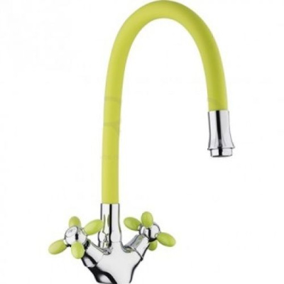Смеситель кух керам.кран-букса FRUD высокий,руч/крест,гибкий излив,зел/хром R44127-6 