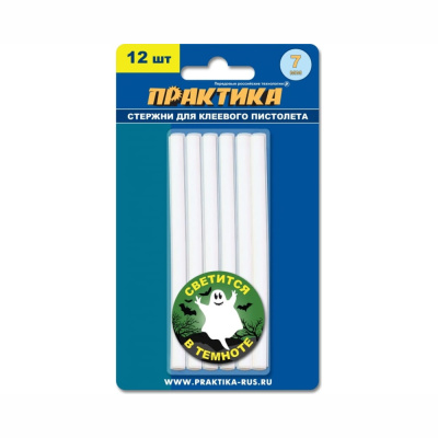 Клей для клеевого пистолета ПРАКТИКА белый, светящийся в темноте, 7 х 100 мм, 12шт / блистер