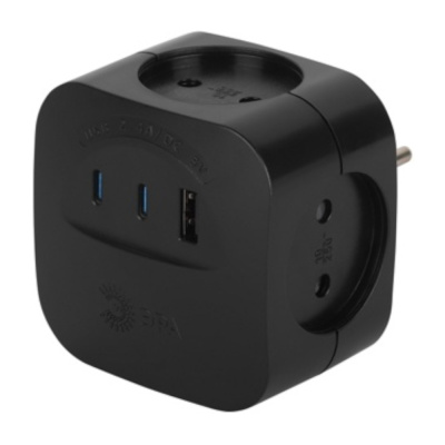 Разветвитель электрический на 4 розетки + 3 USB A+C со шторками 10А черный ЭРА SP-4-3USBAC-B
