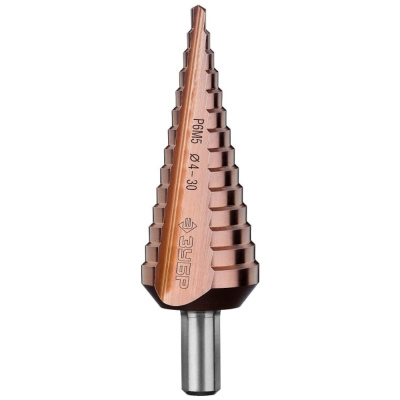 Сверло ЗУБР "КОБАЛЬТ" ступ.по сталям и цвет.мет.ст.Р6М5 с кобальт.покр. d4-30мм,14ступ.d4-30,L-100мм