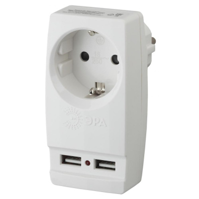 Адаптер сетевой ЭРА SP-1e-USB-W "Polynom" 1гн 220V + 2xUSB 2100mA, c заземл, (белый)