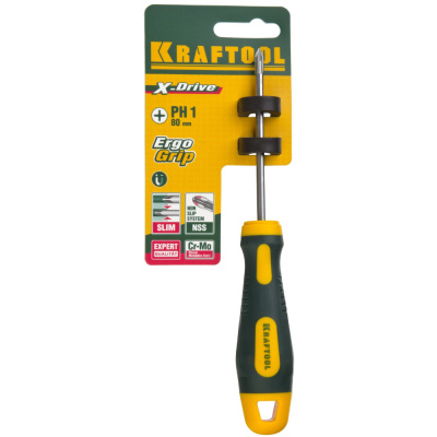 Отвертка KRAFTOOL, Cr-Mo-V сталь, двухкомпонентная противоскользящая рукоятка, PH, №1x80мм