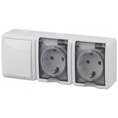 Блок две розетки+выключатель IP54, 16A(10AX)-250В, ОУ, Эра Эксперт, белый, 11-7403-01 ЭРА 