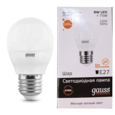 Лампа светодиодная LED 8вт 230в, Е2 7, теплый, шар Gauss Elementary