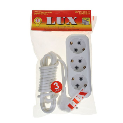 Удлинитель сетевой LUX У3-Е-03 3-местный с з/к., 250В 16А, 3м