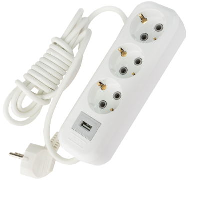 Удлинитель сетевой LUX У3-Е-USB-03 3-местный с з/к 250В 16А, USB гнездо 5В 1.3А, 3м
