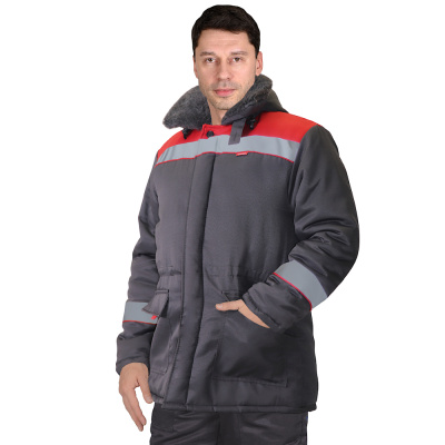 Куртка "СИРИУС-БРИГАДИР" мужская с мех. ворот. Т-серая с красным и СОП р.128-132/182-188 (ЧЗ)