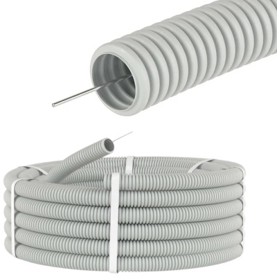 Труба гофрированная ПВХ 32мм с протяжкой серая (50м) (T-Plast)