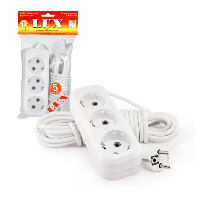 Удлинитель сетевой LUX У3-Е-05 3-местный с з/к., 250В 16А, 5м