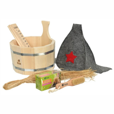 Подарочный набор 6 предметов  (ушат 5л., щётка с пемзой, мочало лыковое, запарка, термометр, шапка Б