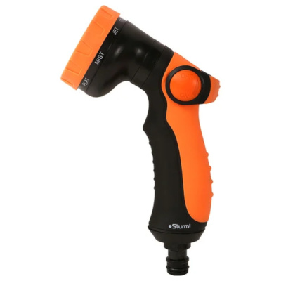 Пистолет д/полива 8 режимов, пластик.  УПРАВЛ больш пальц корпус Sturm!