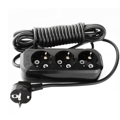 Удлинитель сетевой черный LUX У3-Е-05 3-местный с з/к., 250В 16А, 5м