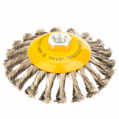Щетка для УШМ, 125 мм, "Тарелка", крученая нержавеющая проволока 0,5 мм, М14// Denzel
