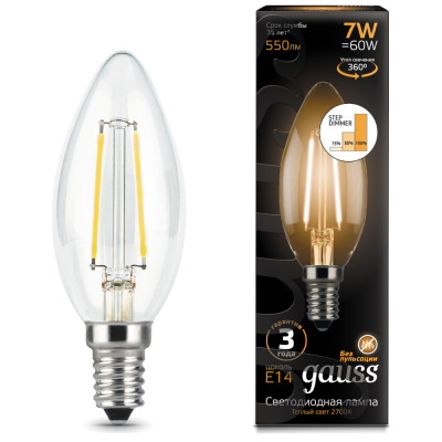 Лампа светодиодная LED 7Вт 230в, E1 4 Filament теплый, свеча Gauss