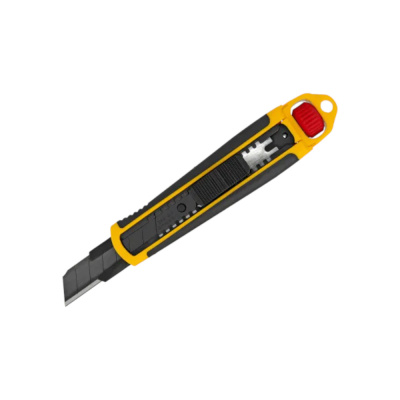 Нож, 18 мм, сменное лезвие, SK4, корпус из ABS + TPR, торцевой зажим// Denzel