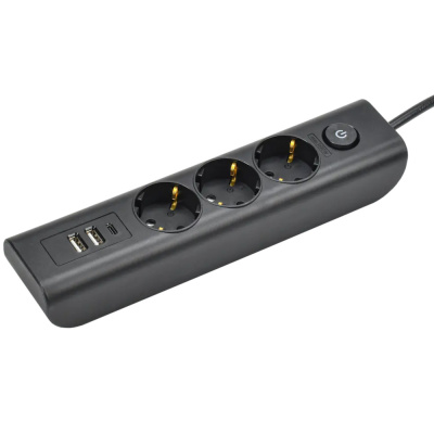 Удлинитель У03В 3 розетки с заземляющим контактом + USBх3 2м 3х1мм2 16А/250В черный