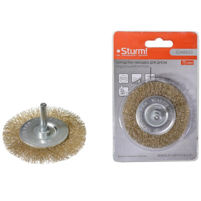 Корщетка-насадка для дрели 5240603,радиальная мягк.75мм, хвост 6мм, латун.волн.проволока,Sturm!