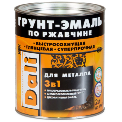 ГРУНТ- ЭМАЛЬ ПО РЖАВЧИНЕ "DALI"  3 В 1 ЖЕЛТАЯ (RAL 1021)  2 Л (3) "РОГНЕДА"