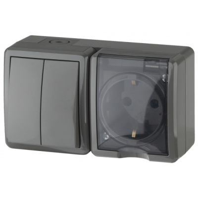 Блок розетка+выкл.двойной IP54,16A(10AX)-250В, ОУ,Эра Эксперт,серый,11-7402-03 ЭРА