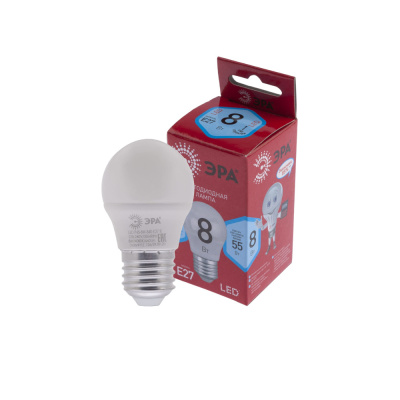 Лампа светодиодная, шар нейтральный белый свет, ЭРА RED LINE LED P45-8W-840-E27 R E27