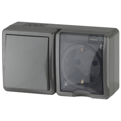 Блок розетка+выкл. IP54,16A(10AX)-250В, ОУ,Эра Эксперт,серый,11-7401-03 ЭРА