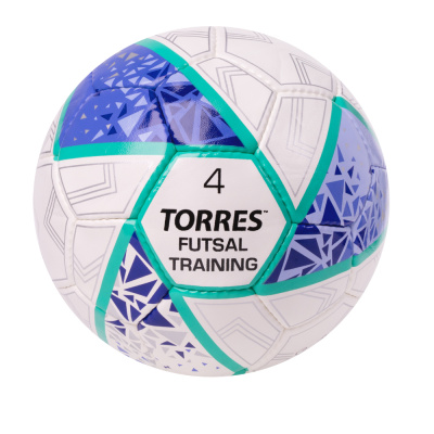 Мяч футзал. TORRES Futsal Training, FS323674, р.4, 32 пан. П, 4 подкл. слоя, ручн.сш,бело-фиолет-зел