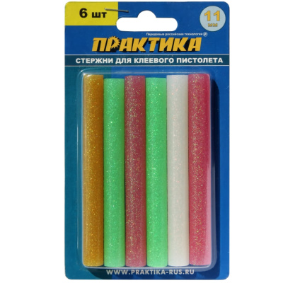 Клей для клеевого пистолета ПРАКТИКА цветной, с блестками, 11 х 100 мм, 6шт / блистер