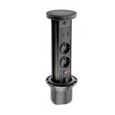 Выдвижная розетка,CAMINO на 2EURO розетки AEBPW2SCAM-20,2xUSB (A+C),беспр.,зарядка 10Wчерный 1,5м