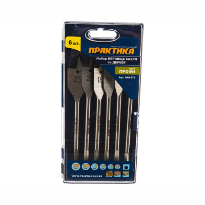 Набор сверл перовых ПРАКТИКА "Профи", 6 шт, 10, 12, 16, 18, 20, 25 мм, ПРО кассета