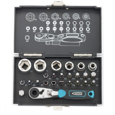 Набор бит и головок торцевых 1/4", магн. адаптер, сталь S2 пластик. кейс, 26предм.GROSS