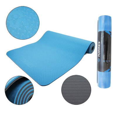 Коврик для йоги "TORRES Comfort 6" арт.YL10086, TPE 6 мм, нескользящее покрытие, сине-серый