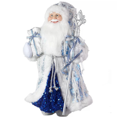 Сувенир новогодний Санта-Клаус с посохом и подарком, 60 см, белый/голубой