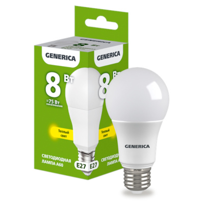 Лампа светодиодная A60 груша 8Вт 230В 3000К E27 GENERICA