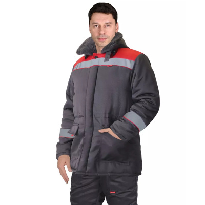 Куртка "СИРИУС-БРИГАДИР" мужская с мех. ворот. Т-серая с красным и СОП р.104-108/170-176 (ЧЗ)